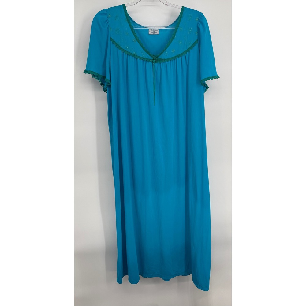 Fundamentals Womens XL Blue Nylon Nightgown Embroidered Lace Trim Short Sleeve